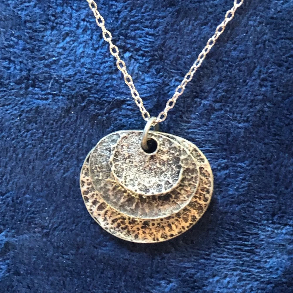 Handcrafted dual layer hammered metal pendant on chain necklace